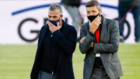 Marcelo Tinelli junto a Gabriel Pellegrino, presidente de Gimnasia y también opositor a que River juegue en Ezeiza.