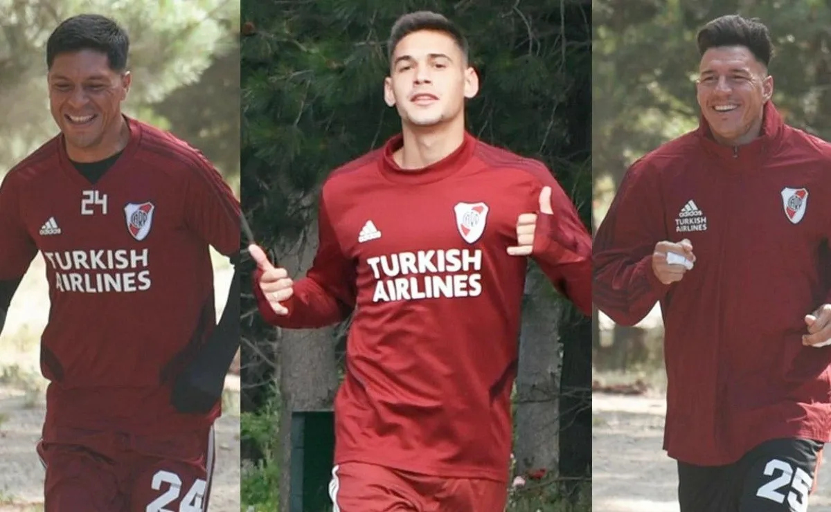 Enzo Pérez, Martínez Quarta y Bologna, tres que se divierten en la pretemporada.