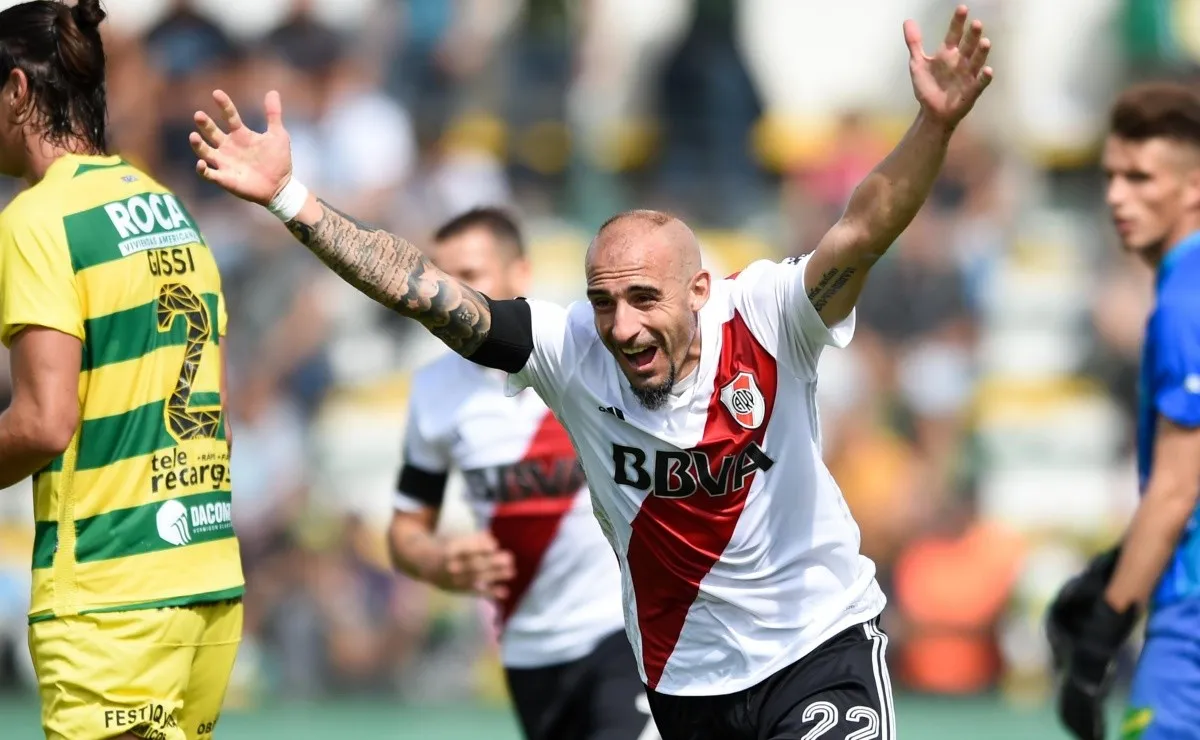 Javier Pinola lleva seis goles oficiales en River, entre ellos uno por la mañana a Defensa y Justicia. (FOTO: Getty)