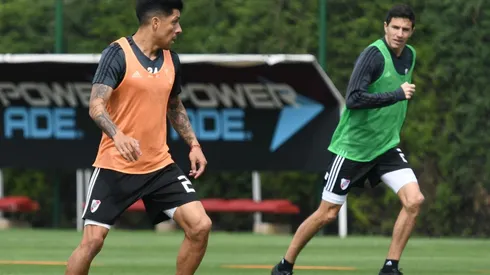 Enzo Pérez e Ignacio Fernández durante un entrenamiento en el River Camp.