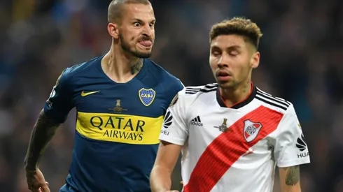 Benedetto sacándole la lengua a Montiel en la final que Boca perdió con River.