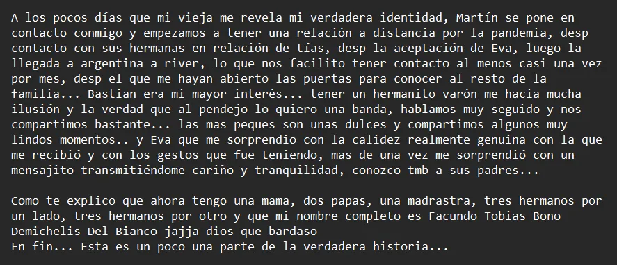 El relato de Facundo Bono, hijo de Martín Demichelis, sobre su historia (PARTE 5)