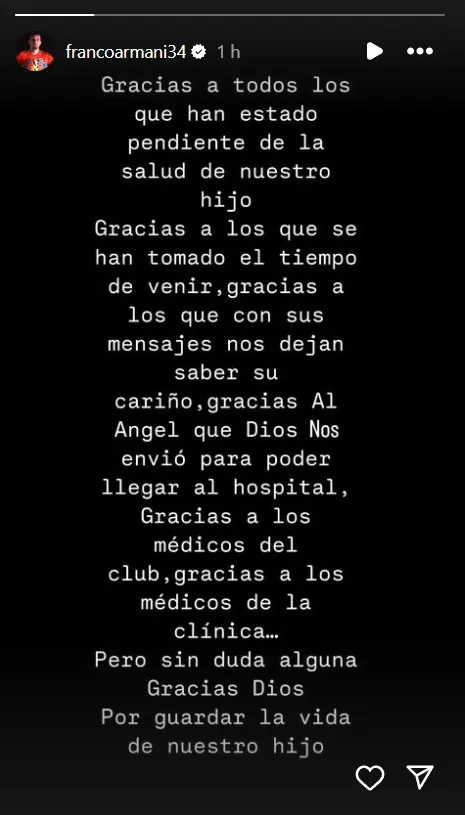 El comunicado de Armani vía Instagram. (@francoarmani34)