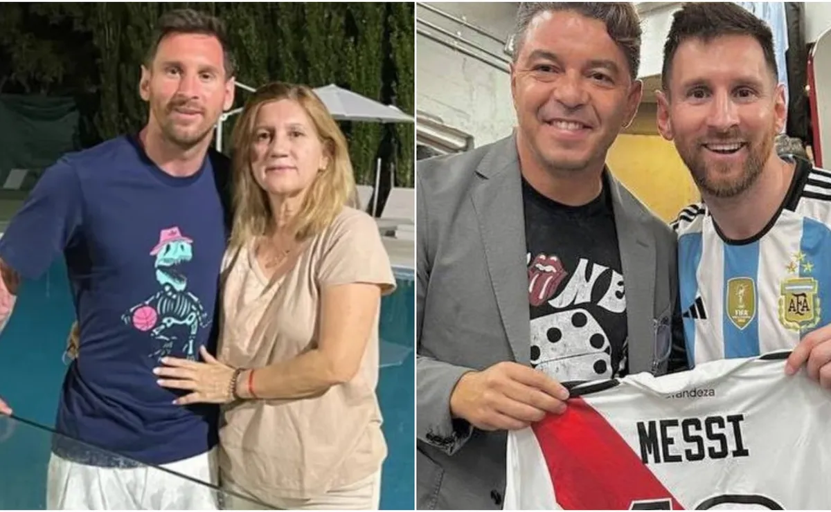 Lionel Messi con su mamá, Celia, y con Marcelo Gallardo.