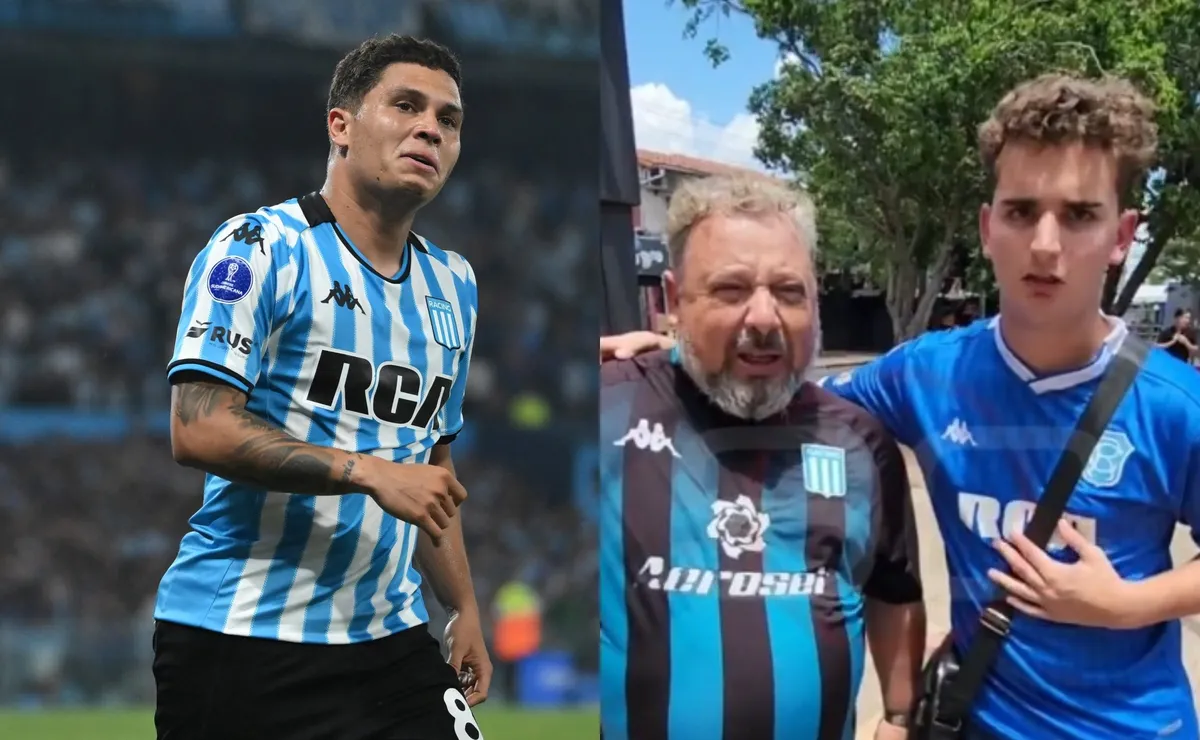 El gesto de Juanfer con dos hinchas de Racing (Fotos: Getty y captura ESPN).