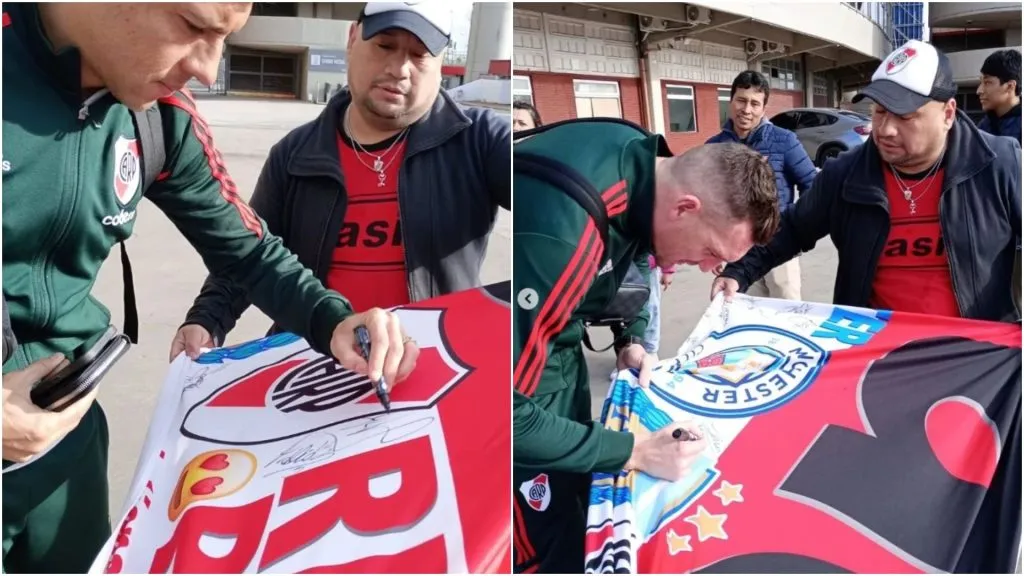 Enzo Pérez y Franco Armani, algunos de los jugadores o ex de River que firmaron la bandera de Oasis.