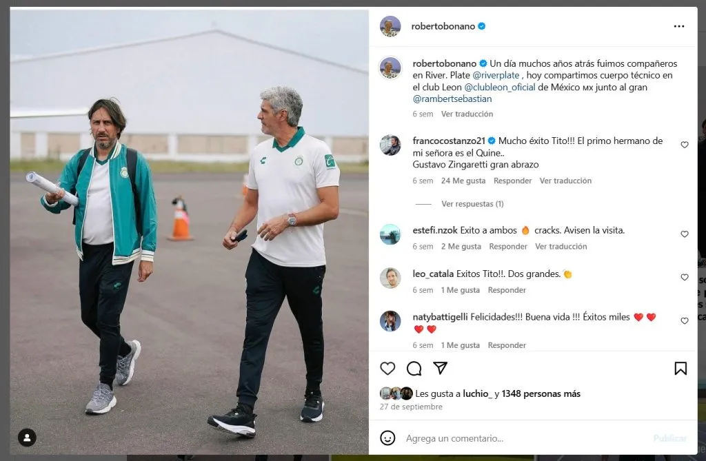 Sebastián Rambert y Roberto Bonano, ex jugadores de River, hoy en el cuerpo técnico del León de México.