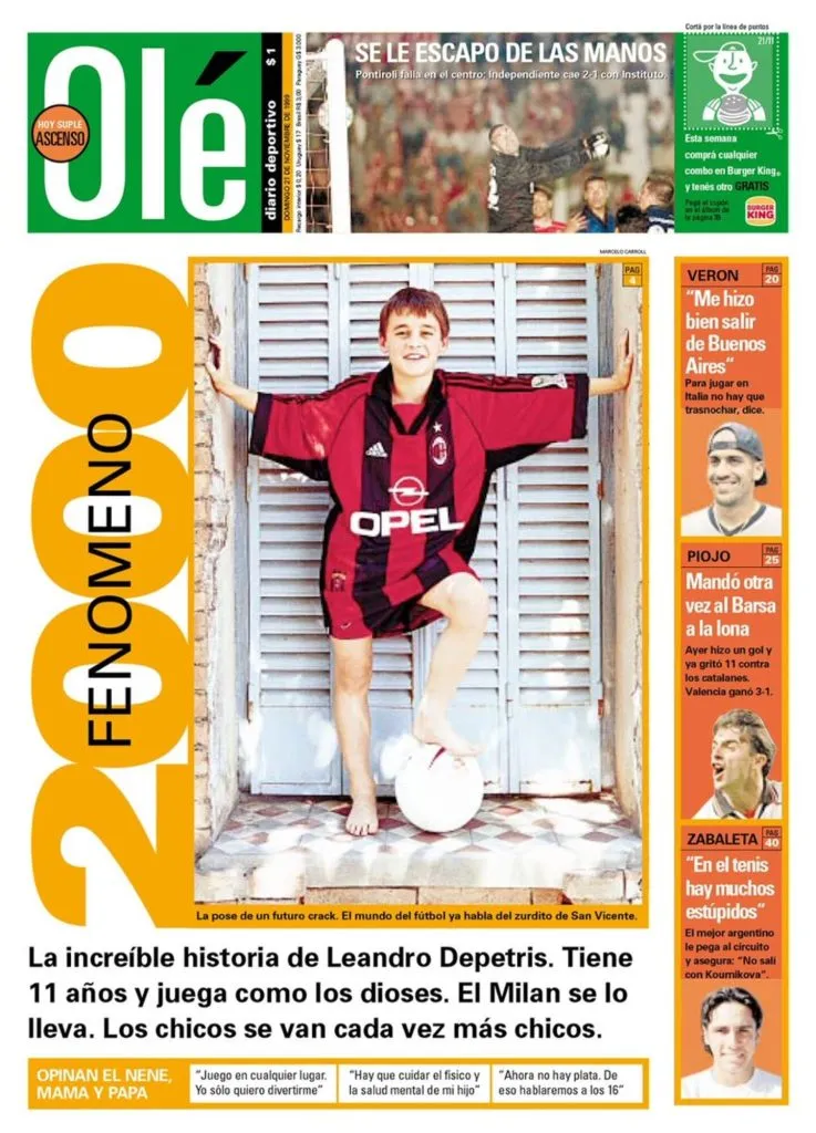 En el año 2000, Leandro Depetris llegó a ser la tapa del diario deportivo Olé. Entonces tenía 11 años y había sido recientemente fichado por el Milan de Italia.