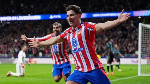 MADRID, SPAIN – JANUARY 21: Julian Alvarez of Atletico de Madrid celebrates scoring his team's second goal during the UEFA Champions League 2024/25 League Phase MD7 match between Atletico de Madrid and Bayer 04 Leverkusen at Riyadh Air Metropolitano on January 21, 2025 in Madrid, Spain. (Photo by Angel Martinez/Getty Images)