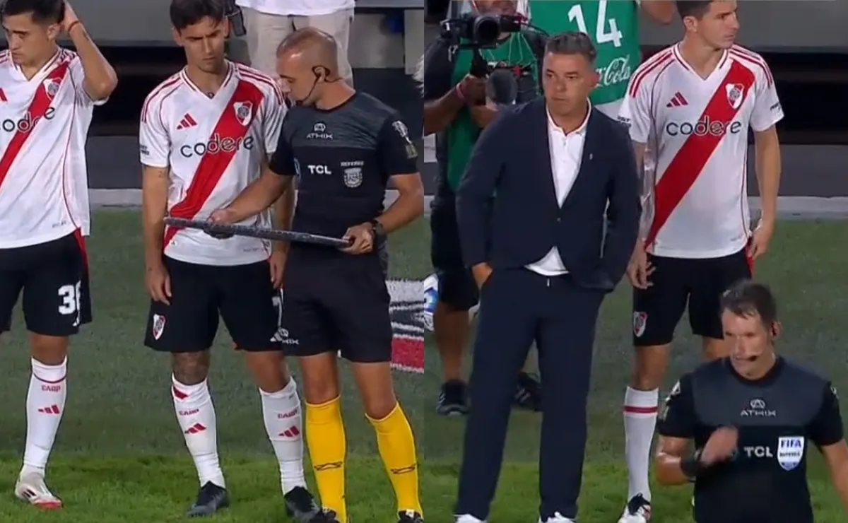 Insólito momento entre Gallardo y el árbitro en los cambios.