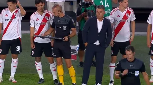 Insólito momento entre Gallardo y el árbitro en los cambios.