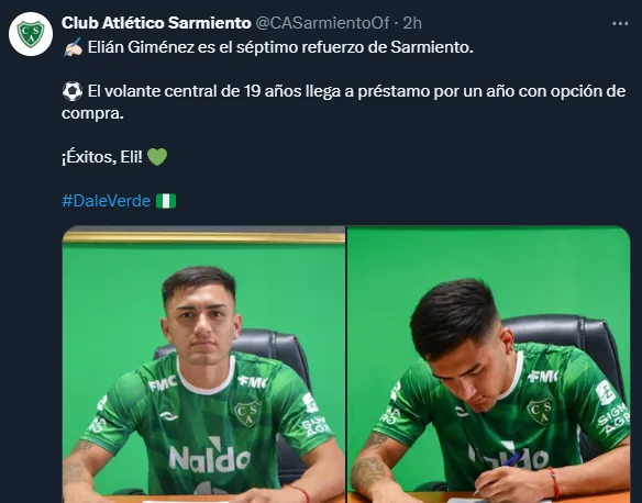Sarmiento oficializó la llegada de Elián Giménez.