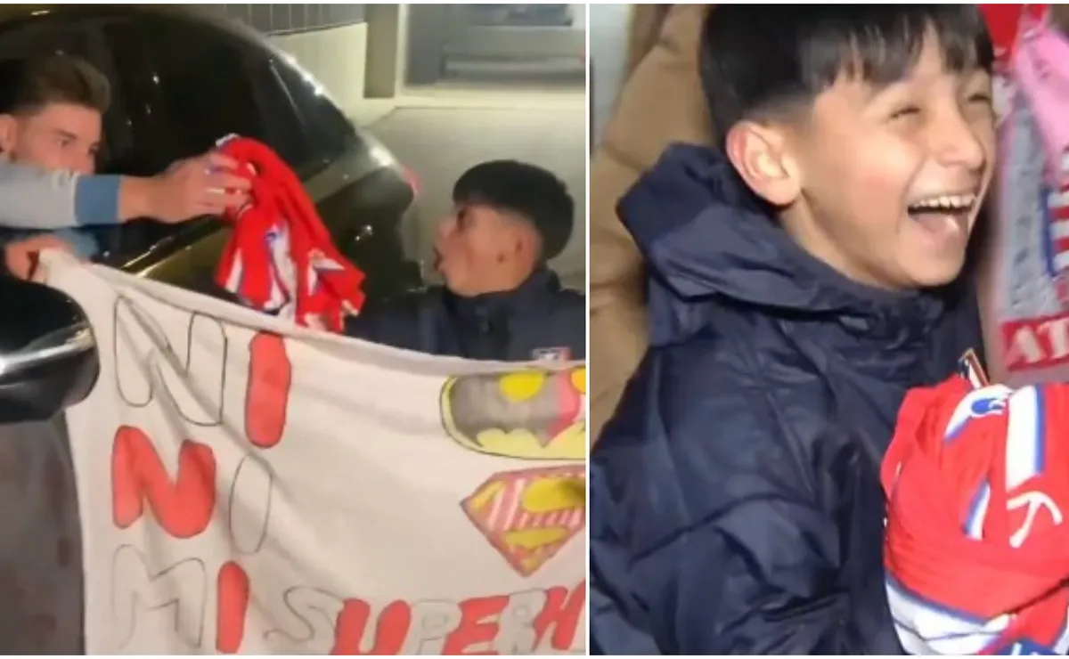 La felicidad de Alan, un fanático del Atlético Madrid tras cruzarse con Julián Álvarez y llevarse su camiseta.