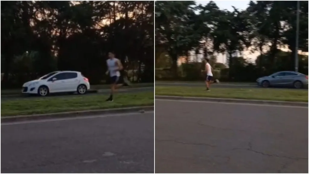 El jugador de River Rodrigo Villagra se entrena por su cuenta al costado de una ruta mientras espera la resolución de su futuro