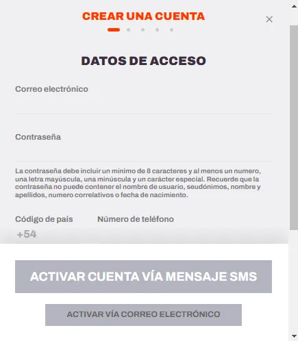 Pantalla de registro para utilizar y activar el código de bono BetWarrior
