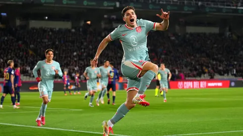 BARCELONA, SPAIN - FEBRUARY 25: Julian Alvarez of Atletico de Madrid celebrates scoring his team's first goal during the Copa del Rey Semi Final match between FC Barcelona and Atletico de Madrid at Estadi Olimpic Lluis Companys on February 25, 2025 in Barcelona, Spain. (Photo by Alex Caparros/Getty Images)