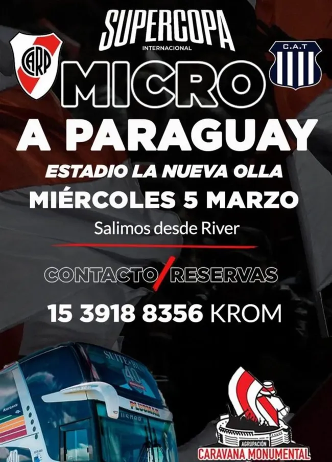 Micros de la SdH de River para la Supercopa Internacional (@SubComDelHincha en X; @subcomhinchacarp. en Instagram).