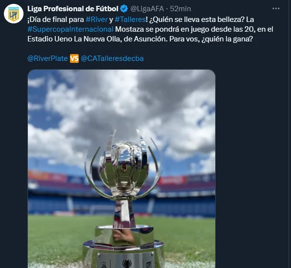 El tweet que publicó la Liga Profesional con el trofeo.