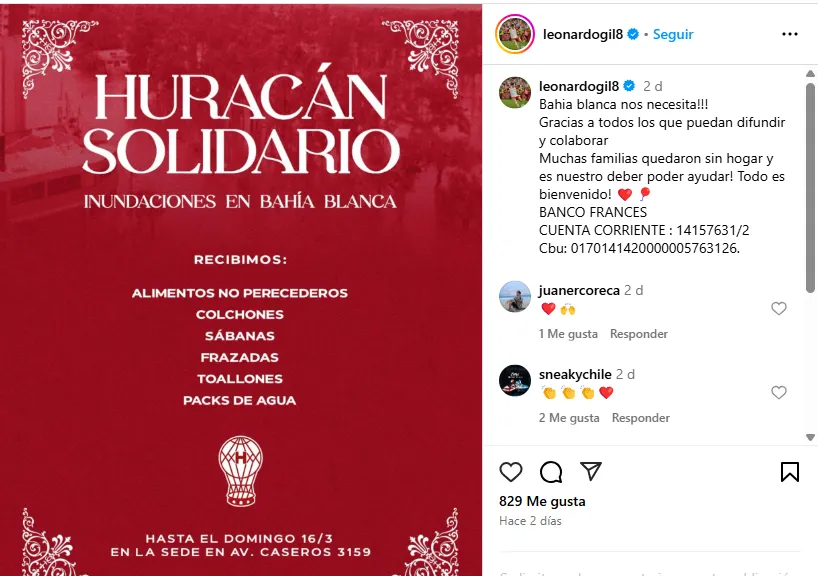 La colecta solidaria que realiza Huracán e impulsada por el Colo Gil.