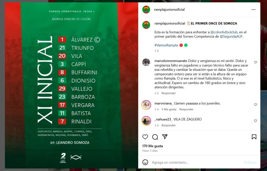 Rampla Juniors, club comprado por Foster Gillett en Uruguay, y que tiene a los ex Boca Julio Buffarini (jugador) y Leandro Somoza (DT), perdió 8 a 0 en su debut (FOTO: @ramplajuniorsoficial).