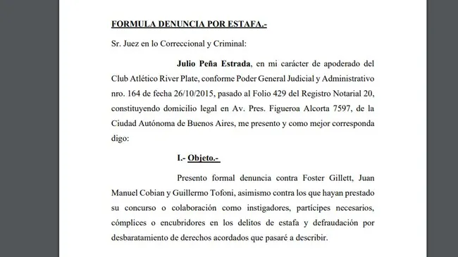 La demanda que presentó River contra Foster Gillett en la justicia.