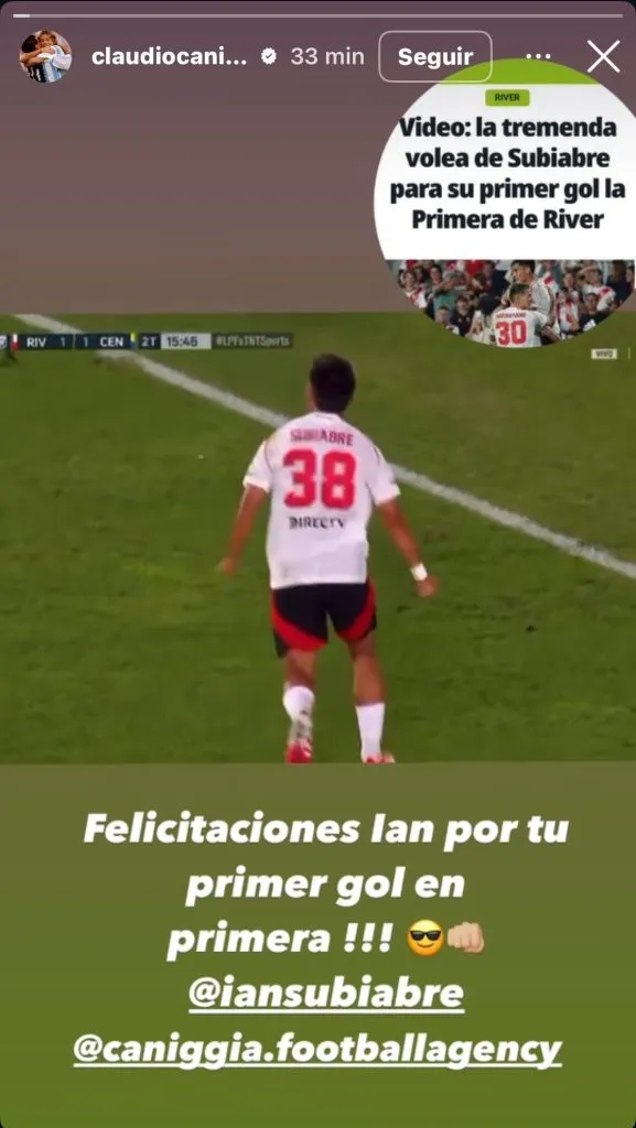 La historia de Caniggia en Instagram por Subiabre.