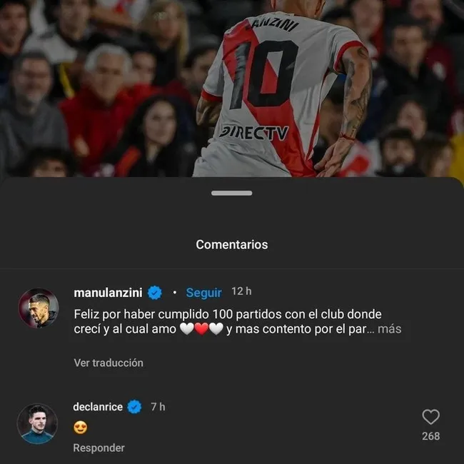 El comentario que dejó Rice en una publicación de Lanzini.