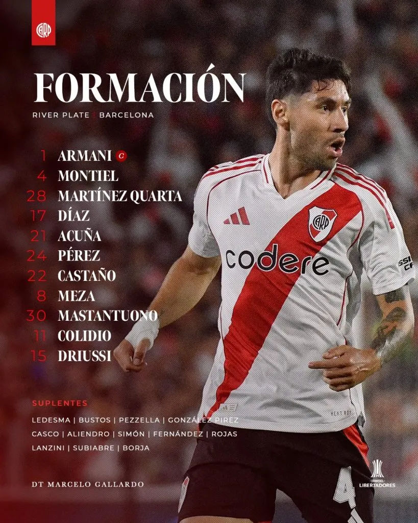 La formación confirmada de River para jugar esta noche. (Prensa River)
