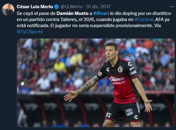 Musto estuvo cerca de jugar en River pero un doping positivo hizo que se cayera la operación.