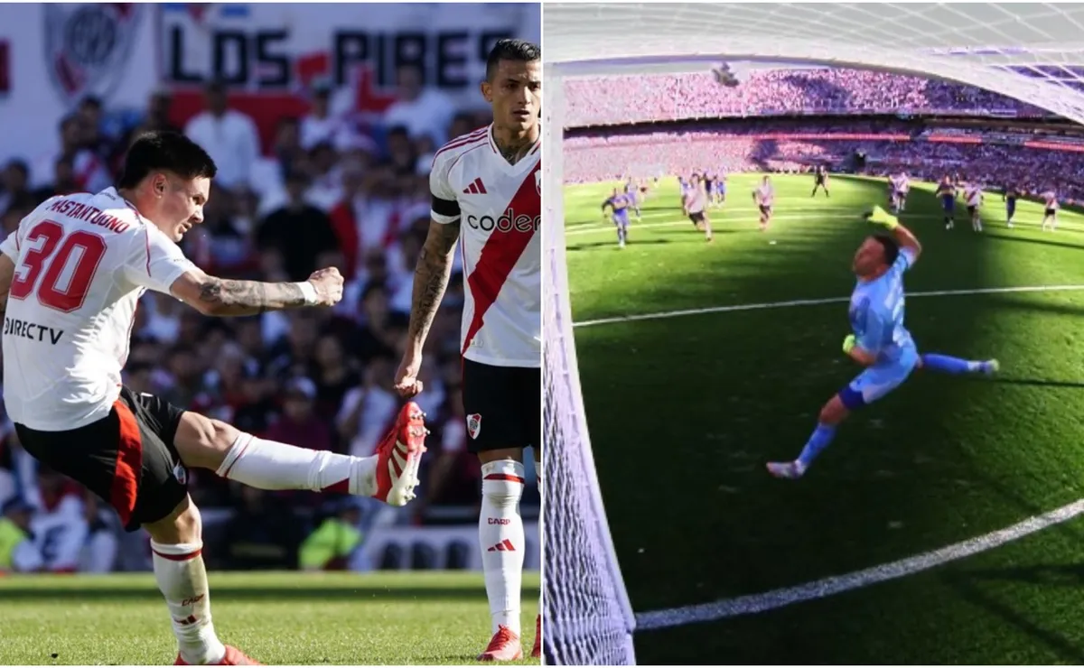 El tiro libre de Masstantuono ante el que Marchesin no tuvo reaccion.