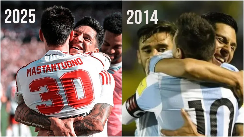 Enzo Perez con Franco Mastantuono y con Lionel Messi en una escena casi calcada, solo que con 11 años de diferencia.