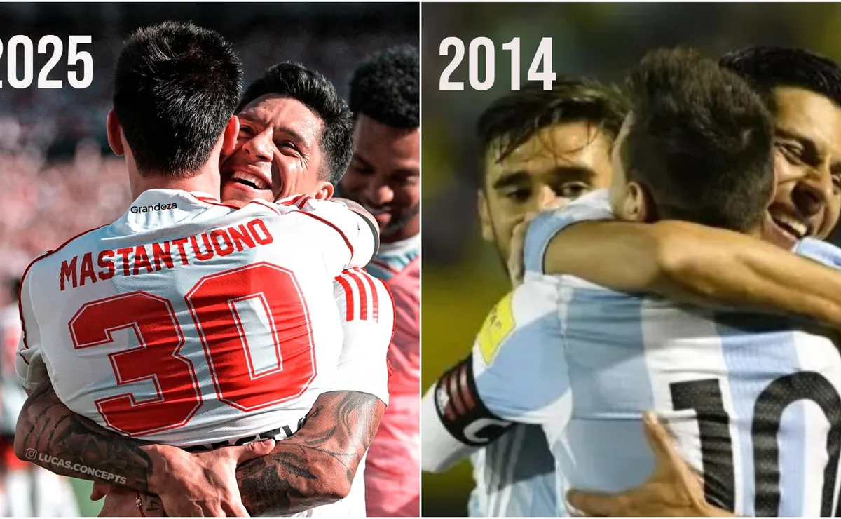 Enzo Perez con Franco Mastantuono y con Lionel Messi en una escena casi calcada, pero con 11 años de diferencia.