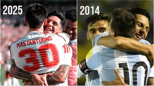Enzo Perez con Franco Mastantuono y con Lionel Messi en una escena casi calcada, pero con 11 años de diferencia.