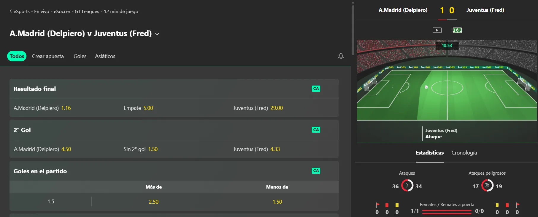 Captura realizada desde la web de bet365