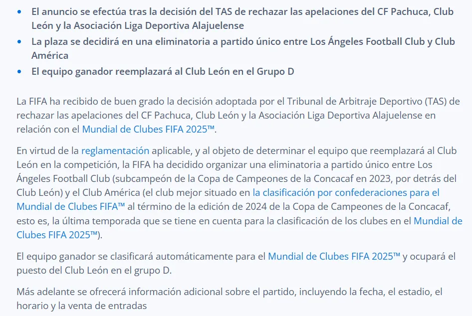El comunicado oficial de la FIFA sobre el reemplazo de León.