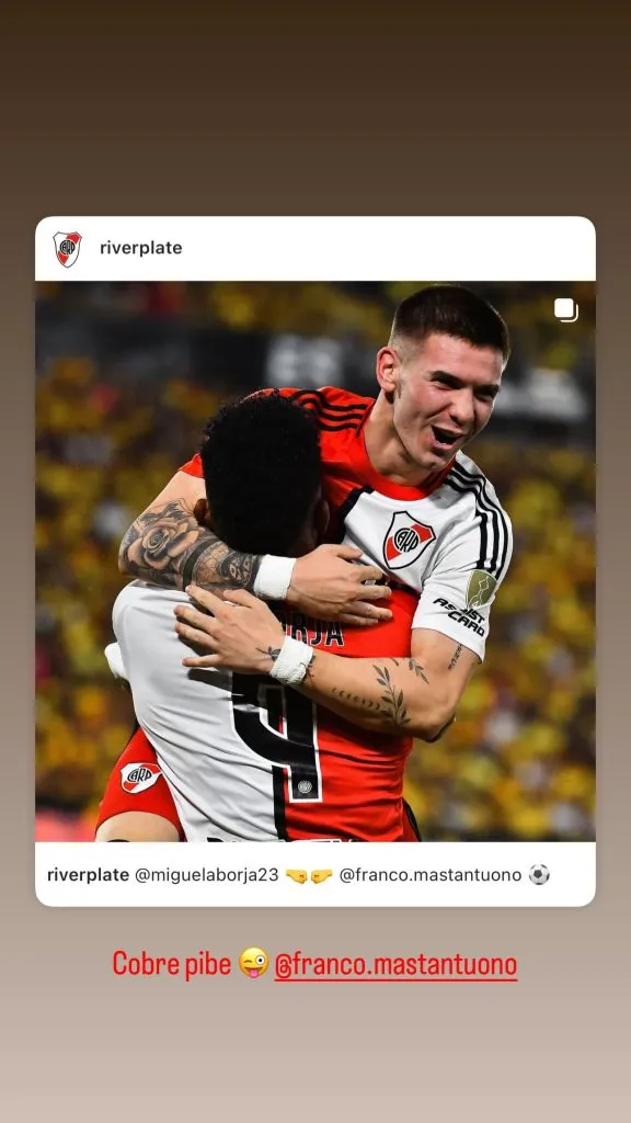 La historia de Miguel Borja dedicada a Franco Mastantuono.