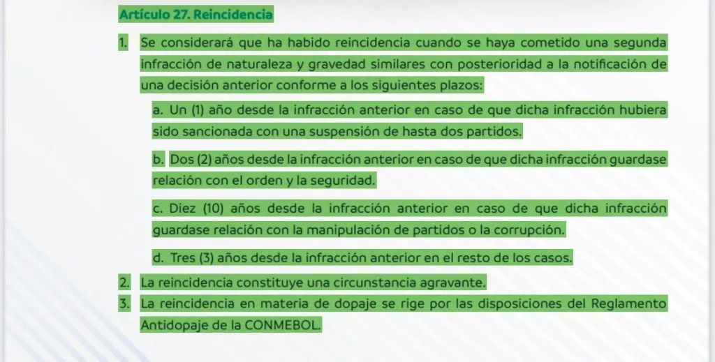 El reglamento de Conmebol, sobre las reincidencias.