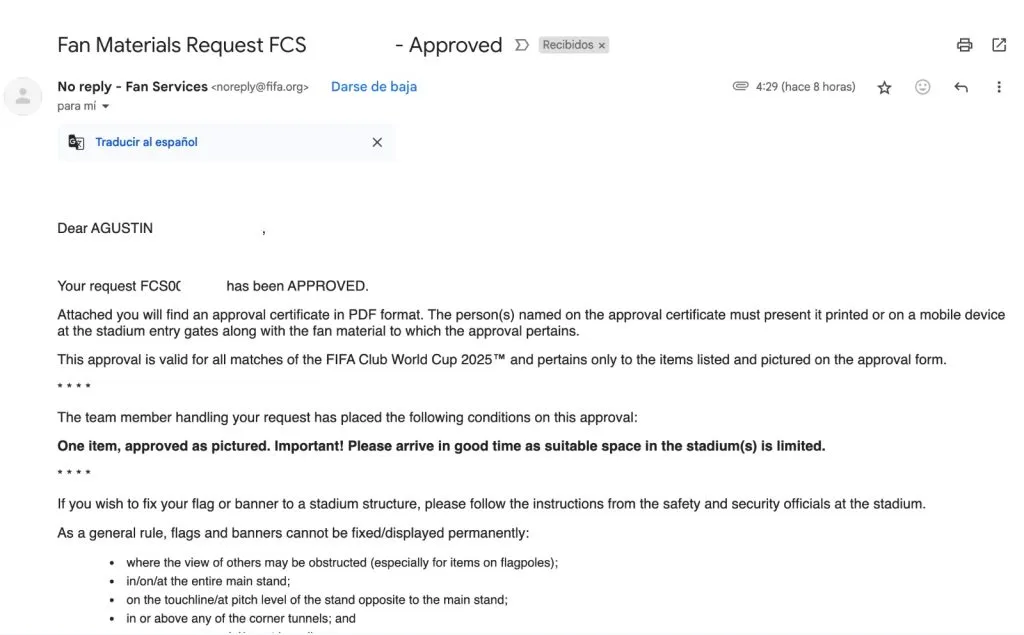 El correo que enviará FIFA en caso de que el elemento sea aprobado.