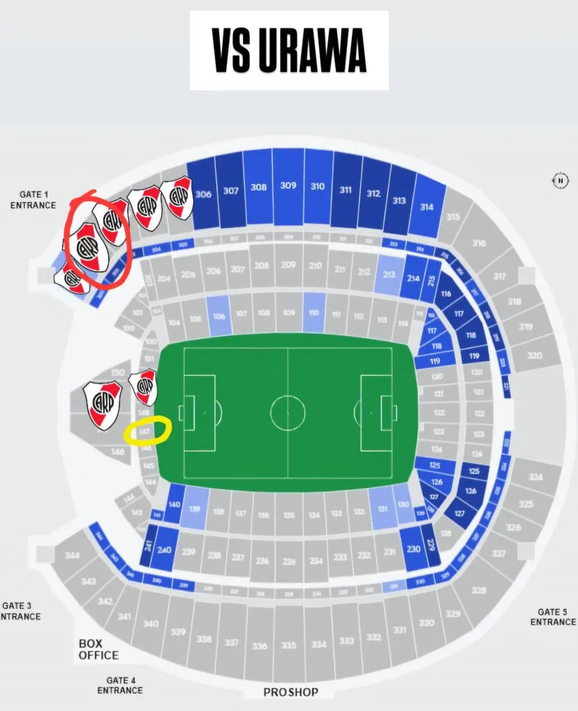 Los sectores de River en Lumen Field vs. Urawa Red: algunos del sector alto (rojo) fueron reubicados a sectores bajos (amarillo).