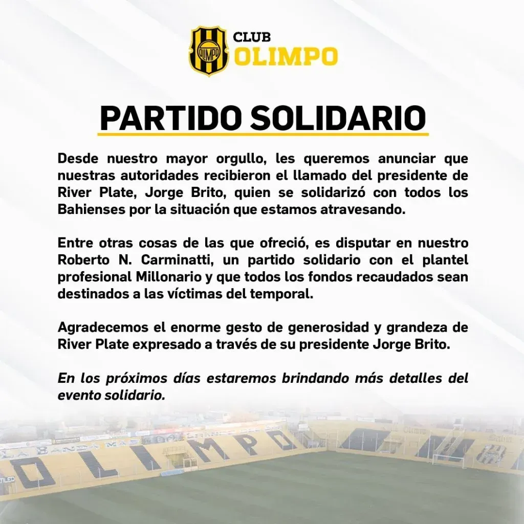 El comunicado de Olimpo al momento de las inundaciones sobre el partido amistoso a disputarse.
