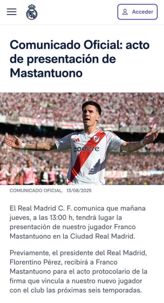 El comunicado del Real Madrid para anunciar la presentación de Franco Mastantuono.
