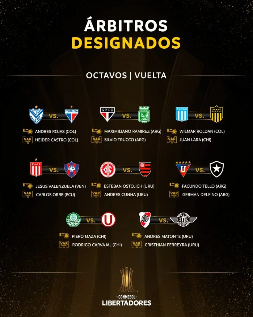 Todas las designaciones arbitrales para los partidos de vuelta de octavos de final de la Libertadores.