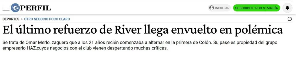 Así contaba el diario Perfil la llegada de Omar Merlo a River.