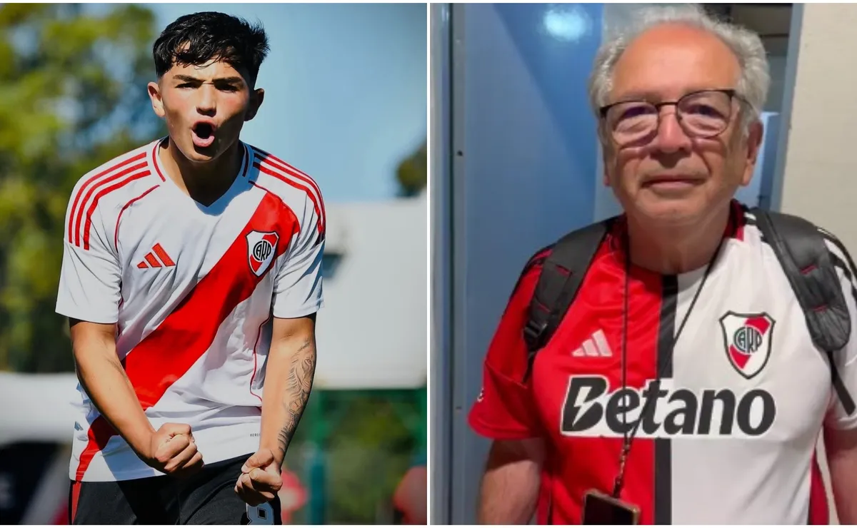 Ignacio Riera, jugador de la Sexta de River, y su abuelo, que lo acompaña en el Mundial de Clubes juvenil de España.