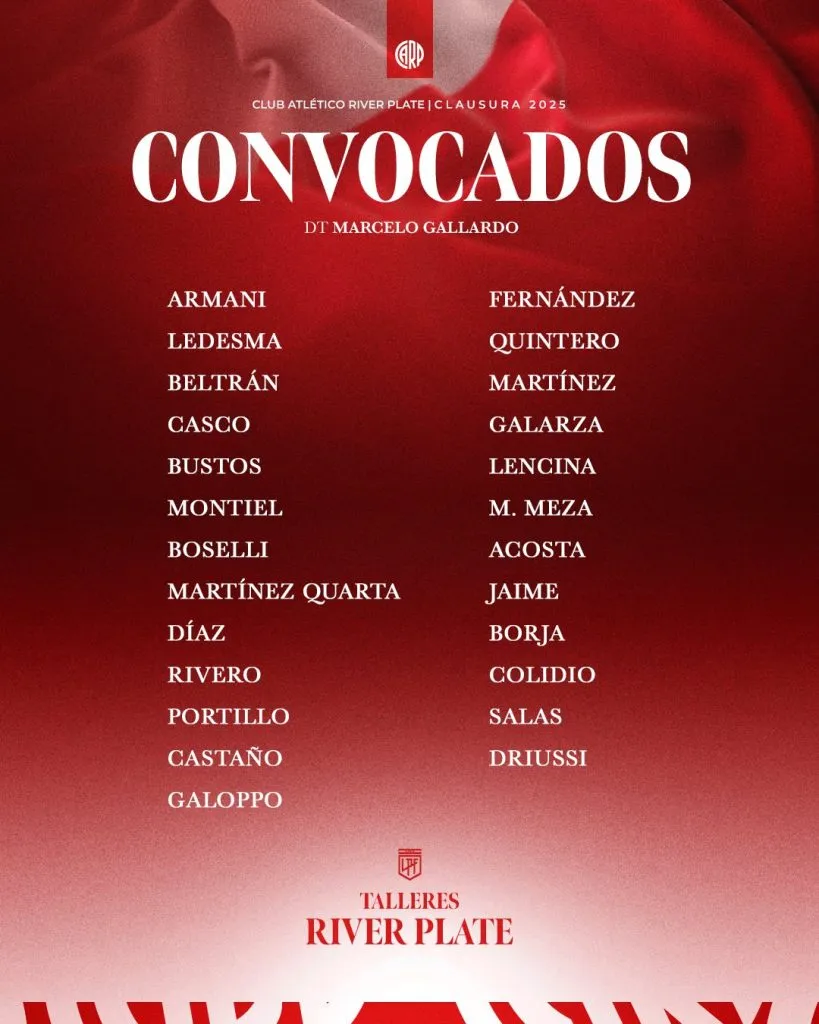Los convocados por Gallardo (Foto: Prensa River).