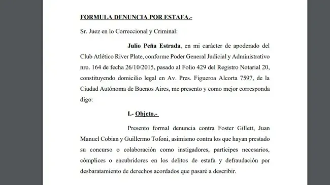 La denuncia de River a Foster Gillett.