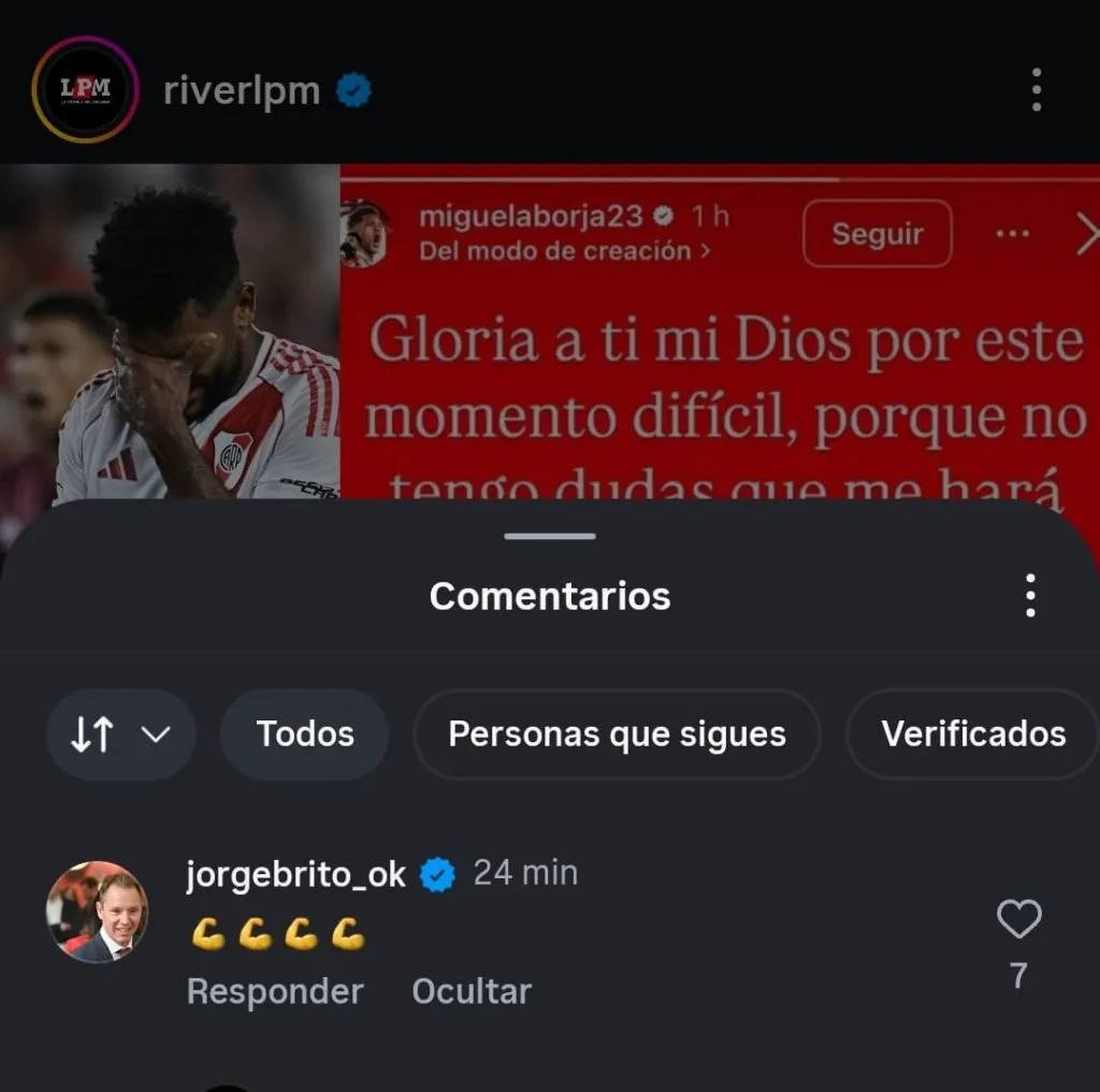 La reacción de Brito al mensaje de Borja en un posteo que realizó La Página Millonaria. (Instagram)