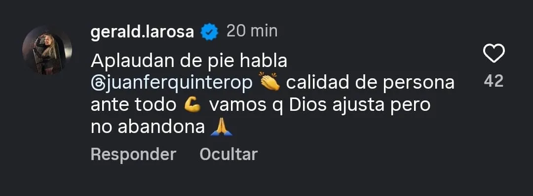 El comentario de Geraldine La Rosa bancando a Juanfer en Instagram.