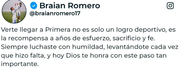 El mensaje de Braian Romero. (Instagram)