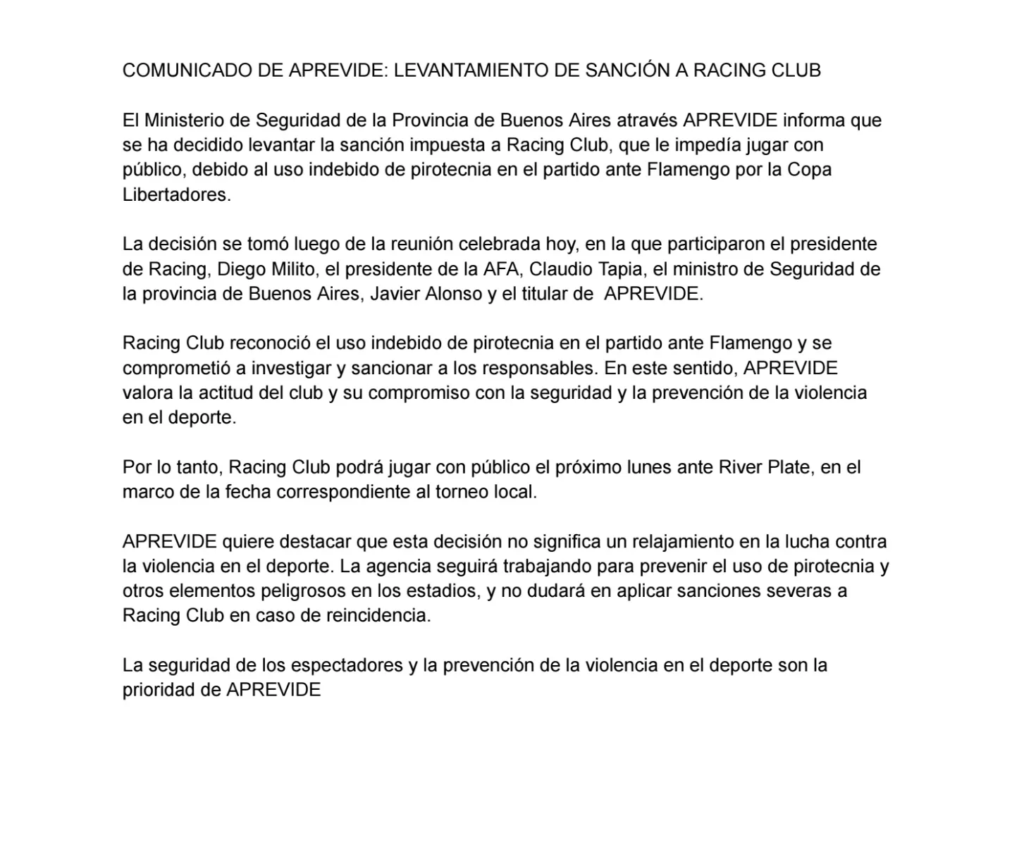 El comunicado de Aprevide.